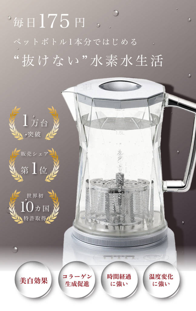 毎日175円ペットボトル1本分ではじめる“抜けない”水素水生活 累計1万台突破 販売シェア第1位 世界初10カ国特許取得 美白効果 コラーゲン生成促進 時間経過に強い 温度変化に強い
